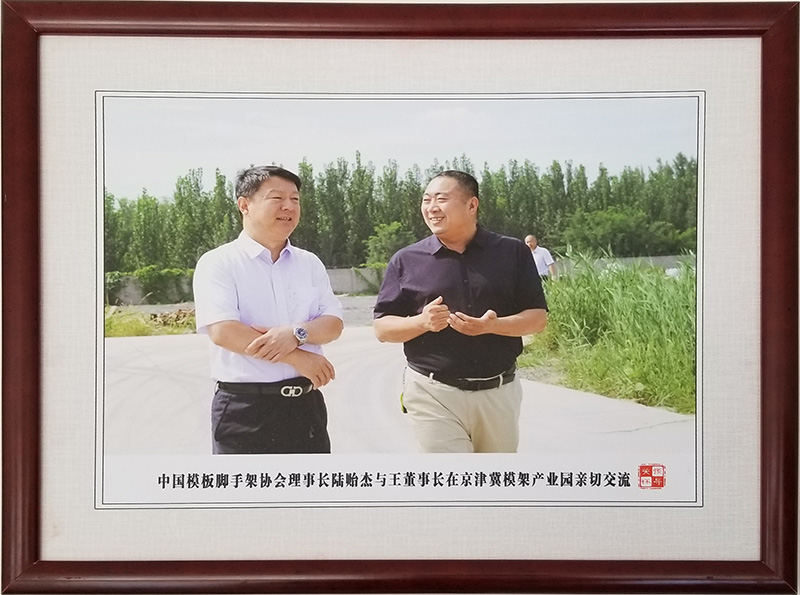 中国模板脚手架协会理事长陆贻杰与王董事长在京津冀模架产业园亲切交流